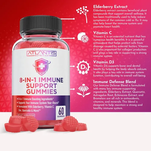 Miniatura 2 de Atlantis Nutrition Gomitas de apoyo inmunológico 8 en 1 con saúco Suplemento inmunológico con saúco, quercetina, zinc, vitamina C - Potenciadores