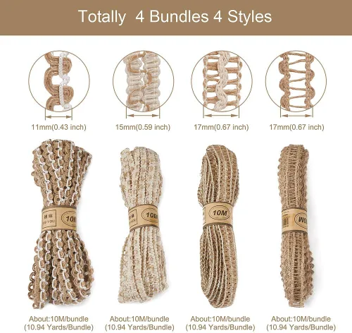Miniatura 7 de PH PandaHall 4 rollos de cintas de arpillera natural, cintas de encaje de yute, cintas finas para manualidades, cuerda rústica para envolver