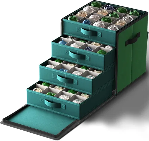 SONGMICS Caja de almacenamiento de adornos de Navidad, con lateral abierto, contenedor de almacenamiento de Navidad apilable con tapa, 4 bandejas de