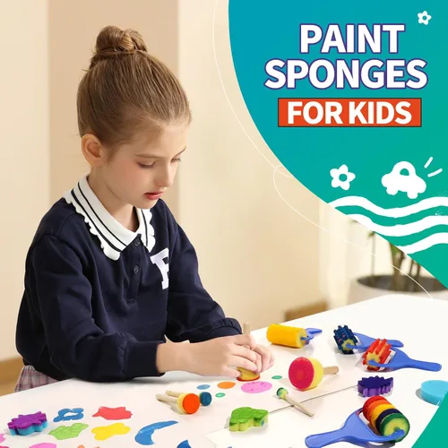 Miniatura 7 de YGDZ Pinceles de esponja para niños, 39 piezas de pinceles de esponja para niños pequeños, sellos de pintura de espuma, herramientas de dibujo