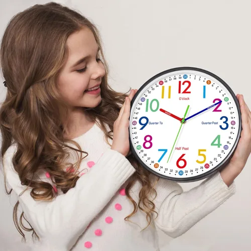 Miniatura 3 de Reloj de pared para niños, 9.5 pulgadas, pequeño, moderno, funciona con pilas, silencioso, analógico, clásico, para oficina, hogar, baño, cocina