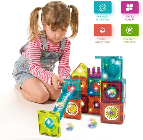 Miniatura 7 de Contixo Juguetes de construcción STEM – Juego de 65 piezas de azulejos magnéticos de mármol 3D para aprendizaje, apilables, juego de bloques