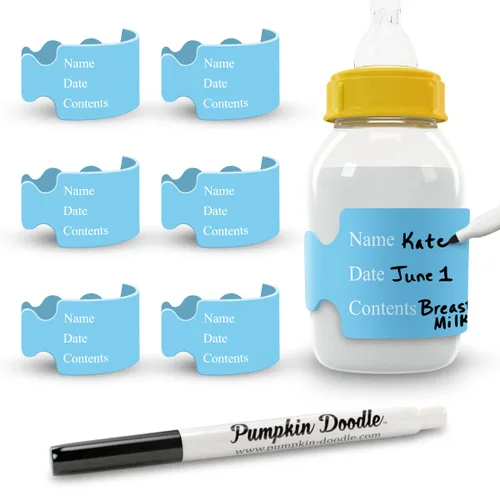 Pumpkin Doodle -Las etiquetas originales para biberones de escritura y reutilización para guardería (azul-pequeño) compatibles con botellas de 4