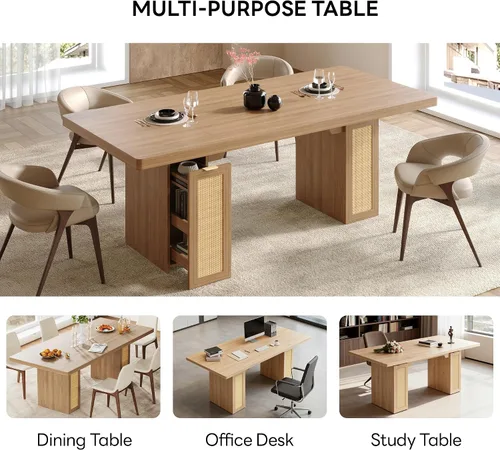Miniatura 6 de LIKIMIO Mesa de comedor de granja de 78.7 pulgadas para 6-8 personas, parte superior de madera extra gruesa con 2 cajones de almacenamiento Blanco