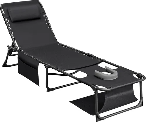 Miniatura 11 de Flamaker Silla Tumbona boca abajo ajustable de 5 posiciones para tomar el sol, silla de bronceado plegable con agujeros para la cara y los brazos