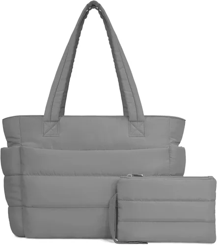 Miniatura 19 de TOPDesign Bolsa Tote Acolchada para Mujer, Bolso de Mano Ligero Inflado con Compartimentos, Bolsa de Hombro Acolchada para Trabajo, Viajes, Gimnasio