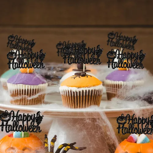 Miniatura 6 de Gyufise 24 adornos para cupcakes de Halloween con calabaza, fantasma, purpurina negra, decoraciones para cupcakes para niños, decoración de fiesta