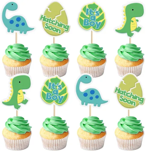 Miniatura 15 de Ercadio Paquete de 32 adornos para cupcakes de dinosaurios de dibujos animados, lindos dinosaurios para bebé, temática de dinosaurio, baby shower