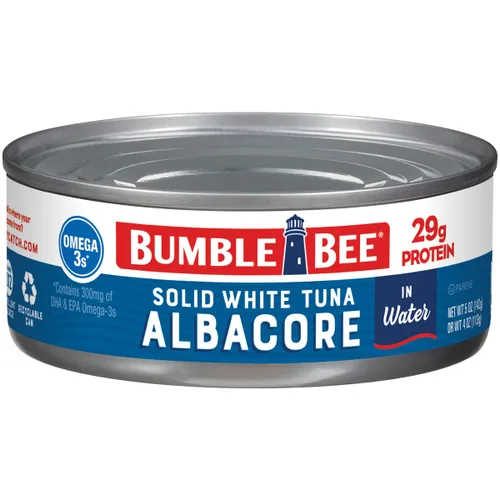 Bumble Bee Atún blanco sólido en agua, lata de 5 onzas, atún capturado en la naturaleza, 1.02 oz de proteína por porción, proyecto verificado sin