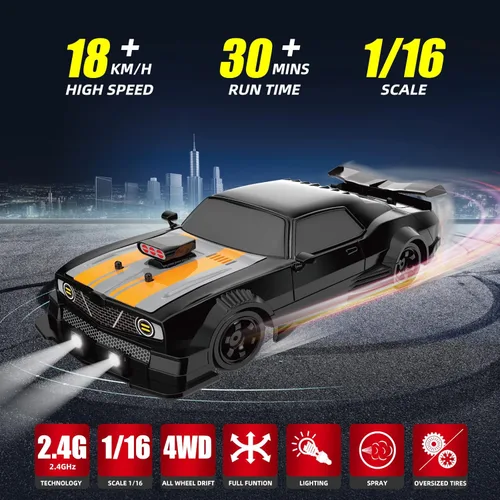 Miniatura 2 de Coche de Deriva RC 1/16 2.4GHz 4WD Coches de Control Remoto, Coches RC de Deriva Recargables de Alta Velocidad con Spray, Luces Geniales