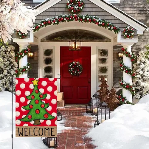 Miniatura 2 de PANDICORN Bandera de Jardín Feliz Navidad 12x18 Pulgadas Doble Cara, Bienvenida Árbol de Navidad Lunares Rojo Invierno Vacaciones Patio Arpillera