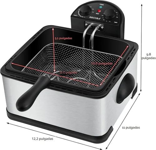 Miniatura 2 de Secura freidora eléctrica profunda con 3 cestas de acero inoxidable de 1700 vatios con temporizador, filtro de olor extra gratuito, 4.2 l/17 tazas