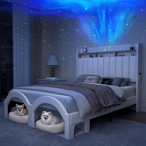 Miniatura 10 de SIBEDS Base de cama Queen con cabecera de almacenamiento de 2 niveles, cama de plataforma Aurora de piel sintética con proyector Galaxy Star, base
