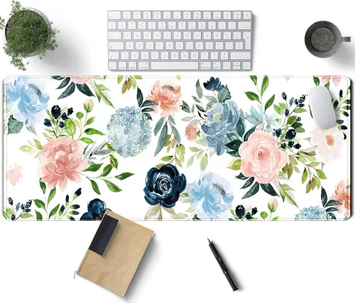 Alfombrilla de escritorio verde para videojuegos, alfombrilla de mouse de escritorio, morado, azul, rosa, floral, grande, XL, grande, para teclado
