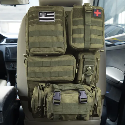 Miniatura 10 de Organizador táctico universal para respaldo de asiento, panel Molle para vehículo, bolsa de almacenamiento con 5 bolsas Molle desmontables