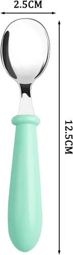 Miniatura 4 de Pimoys Juego de 6 cucharas de acero inoxidable para niños, con mango redondo, sin BPA, apto para lavavajillas Verde menta/Verde vidrio/Naranja coral