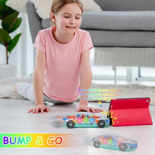 Miniatura 5 de Juguete de coche transparente iluminado para niños, juguetes sensoriales para niños, auto de juguete con engranajes móviles coloridos, divertido