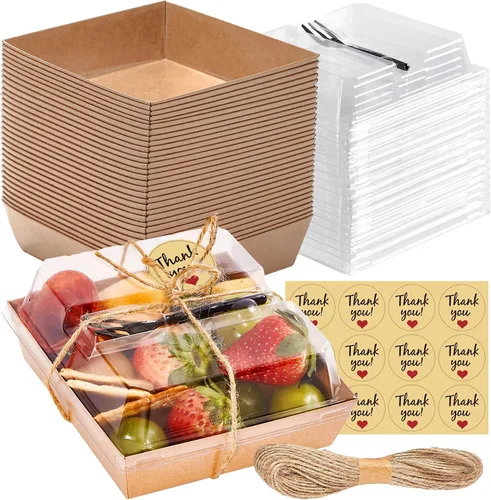 Miniatura 2 de Paquete de 100 cajas de embutidos de 5 pulgadas con tapas transparentes y tenedores – Tabla de papel individual para llevar con tapa, recipientes