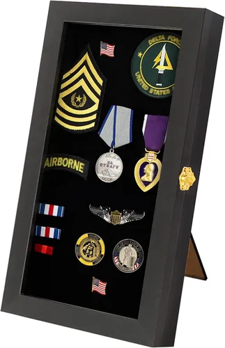 Verani Vitrina para Exhibir Pines de 8.5 x 15 pulgadas con Marco de Puerta de Vidrio Real y Soporte para Medallas Militares, Etiquetas de Playa,