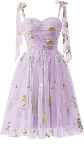 Miniatura 12 de Fivsole Vestido corto con bordado de flores para adolescentes, vestido de tul con tirantes delgados, mini formal, cóctel, fiesta de noche, vestidos