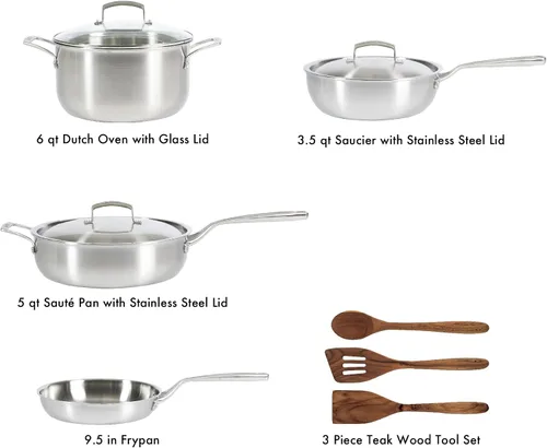 Miniatura 3 de Babish - Sartén de acero inoxidable de tres capas de 5 cuartos con tapa – Sartén para saltear de grado profesional para freír, sellar y comidas