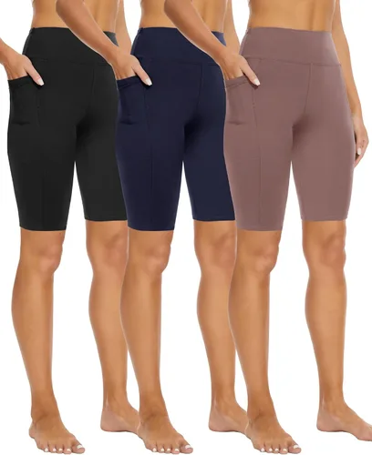 Syrinx - Paquete de 3 pantalones cortos de ciclista para mujer, 8"5"3" de cintura alta con control de abdomen ideales para yoga, correr, atletismo y