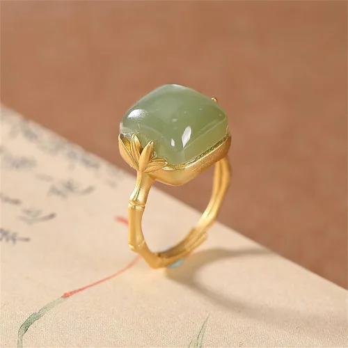 Miniatura 4 de Anillo de bambú verde vintage de jade hetian para mujer, delicado estilo chino, hecho a mano, con piedras preciosas ajustables, banda de dedo