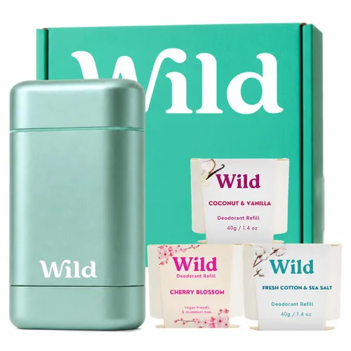 Wild - Estuche Aqua con paquete variado de recarga - Desodorante recargable - Sin aluminio - Incluye fragancias de algodón fresco y sal marina, flor
