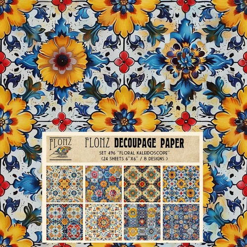 Miniatura 4 de Paquete de papel para decoupage (24 hojas 15x15 cm) Patrones florales monocromáticos FLONZ papel vintage para decoupage, manualidades y álbumes