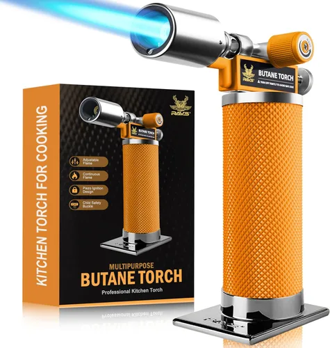 Miniatura 12 de RAVS Encendedor de butano, soplete de cocina recargable con llama ajustable y hebilla de seguridad, mini linterna de metal premium para hornear