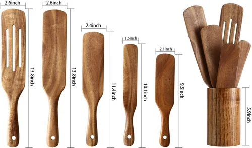 Miniatura 2 de Juego de 6 utensilios de cocina de madera con soporte, utensilios de cocina de teca natural, resistentes al calor, antiadherentes, con agujero