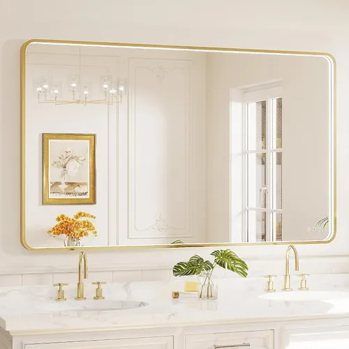 Miniatura 53 de Espejo de baño LED de 24x32 pulgadas con luces, espejo LED con marco de metal negro para baño, 3 colores y luz regulable sin escalones montada