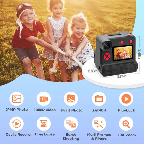 Miniatura 2 de Cámara de impresión instantánea para niños, cámaras instantáneas de 1080P para niños, cámaras de vídeo digitales HD para niños con 3 rollos de papel