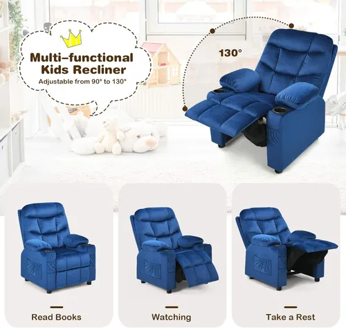 Miniatura 4 de Costzon Silla reclinable para niños con soporte para tazas, silla de salón de terciopelo ajustable con reposapiés y bolsillos laterales