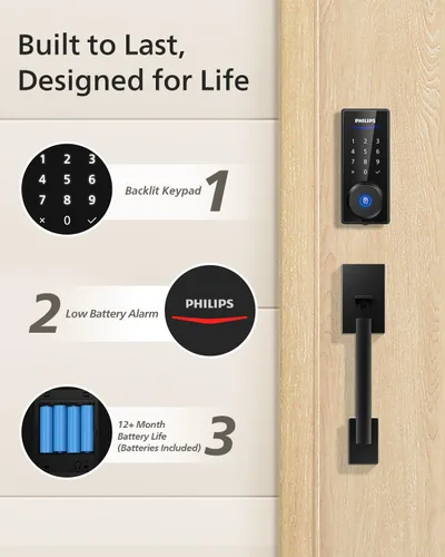 Miniatura 8 de Philips Cerradura de puerta inteligente WiFi con asa, juego de cerradura de puerta delantera Wi-Fi, juego de manijas de bloqueo de huellas