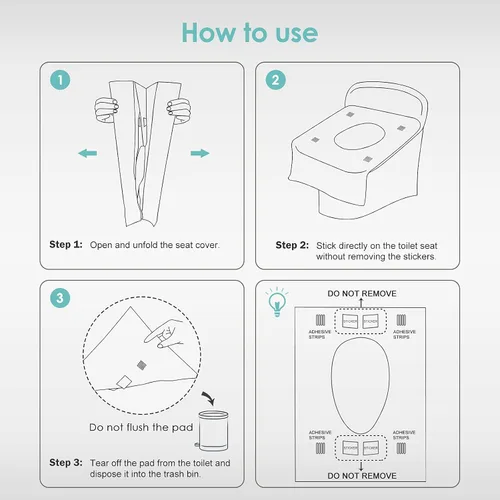 Miniatura 8 de TRIPTIPS Fundas de asiento de inodoro, paquete de viaje desechables, 60 unidades, uso más rápido, sin adhesivos, impermeable, funda de asiento