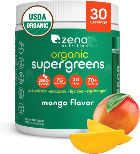 Zena Nutrition Polvo de Súper Verdes Orgánico, Más de 70 Superalimentos, 0 Azúcar, 3G de Fibra, Espirulina, Chlorella, Hongos,