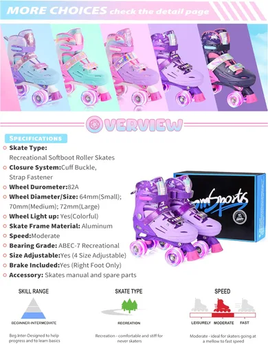 Miniatura 8 de 2PM SPORTS Patines de ruedas para niñas, niños y niños pequeños de 4 a 6, 5 a 8, 6 a 12, 8 a 12 años con ruedas iluminadas, patines ajustables