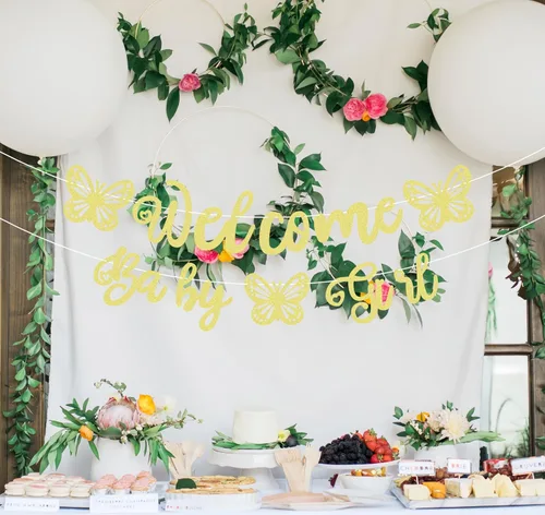 Miniatura 2 de Cartel de bienvenida preencordado para bebé niña, decoración de fiesta de bienvenida con purpurina dorada, perfecta para fiesta de revelación