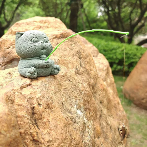 Miniatura 3 de livelyfish Estatua de gato de pesca, figuras de pescador, escultura de piedra arenisca para jardín de hadas, acuario, pecera, bonsái, decoración
