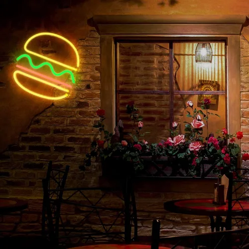 Miniatura 5 de Letreros de neón de hamburguesa para decoración de pared, luz LED de neón colgante para restaurante de 12 x 12 pulgadas, letrero de neón