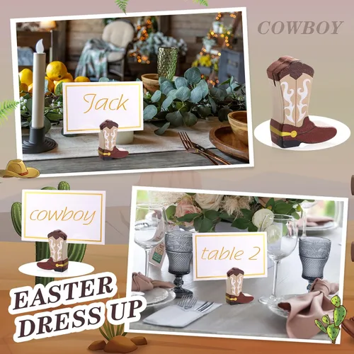 Miniatura 5 de Kigley 18 piezas de mini botas de vaquero adornos de madera, tarjetero y 25 piezas de papel de aluminio dorado blanco soporte para números