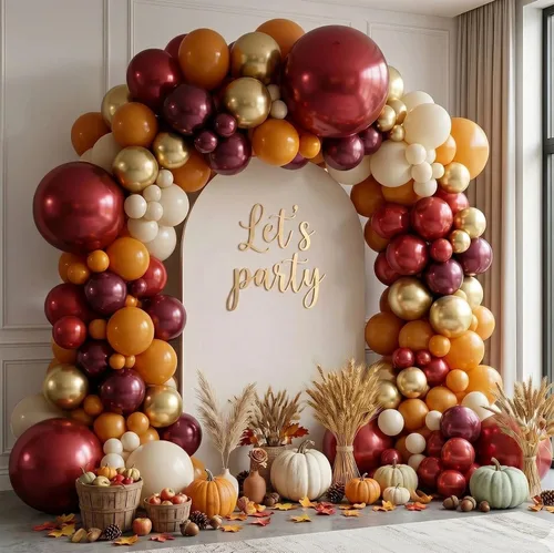 Kit de arco de globos color naranja quemado burdeos, guirnalda de globos de otoño retro boho con crema dorada metálica para otoño, cosecha, Acción