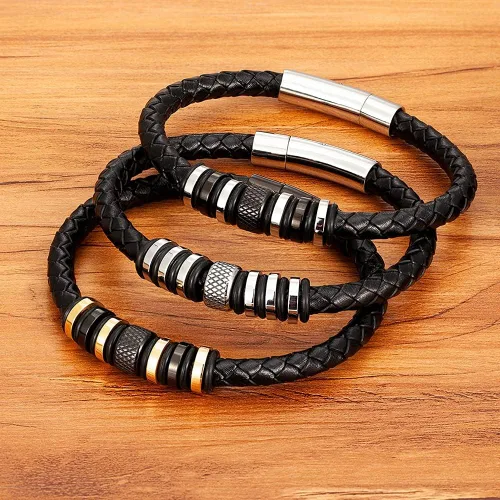 Miniatura 3 de NAIQUBE Mens Leather Bracelet Stainless Steel Wristband Cuff Braided Leather Bracelet For Men Birthday Jewerly Gift 8.26 inch