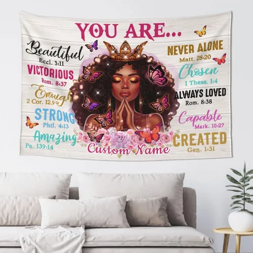 QOQIOSOC Tapiz personalizado para mujer negra con nombre, tapiz para colgar en la pared de yoga afroamericano, meditación, tapiz para colgar en la