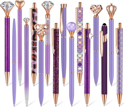 Miniatura 8 de Colarr Juego de 16 bolígrafos con purpurina de diamante de cristal, bonito juego de bolígrafos de metal para diario, tinta negra retráctil, regalos