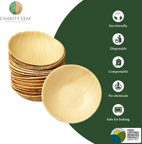 Miniatura 2 de Charity Leaf Mini tazón redondo de hoja de palma desechable de 3.5 pulgadas (25 piezas) Como bambú Todo natural y biodegradable Tablas