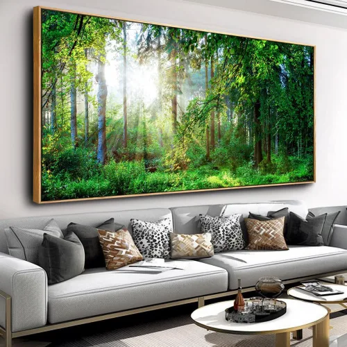 Lienzo decorativo para pared de sala de estar, paisaje de bosque verde, sol sobre bosque, fotografía impresa en lienzo para decoración de pared del
