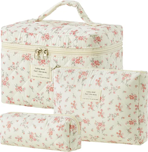 Miniatura 12 de HBselect Bolsa de maquillaje acolchada, 3 piezas de algodón grande, bolsa de maquillaje de viaje, bonita bolsa de maquillaje floral de coqueta