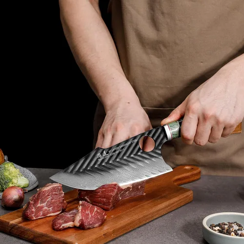 Miniatura 6 de SHANGDAO cuchillo de carnicero de Damasco de 7 pulgadas, cuchillos de cocina tipo clavícula vikinga con funda de cuero - Serie QILIN de 67 capas
